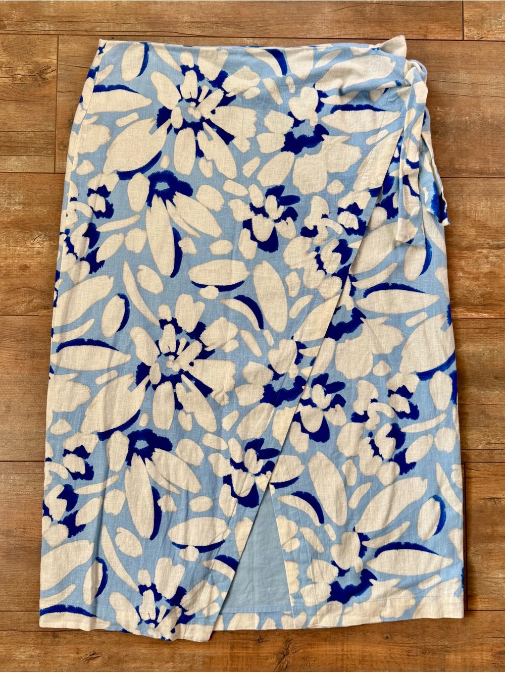 LOFT Blue Tropical Floral Side Tie Waist Linen Blend Midi Skirt Size 14